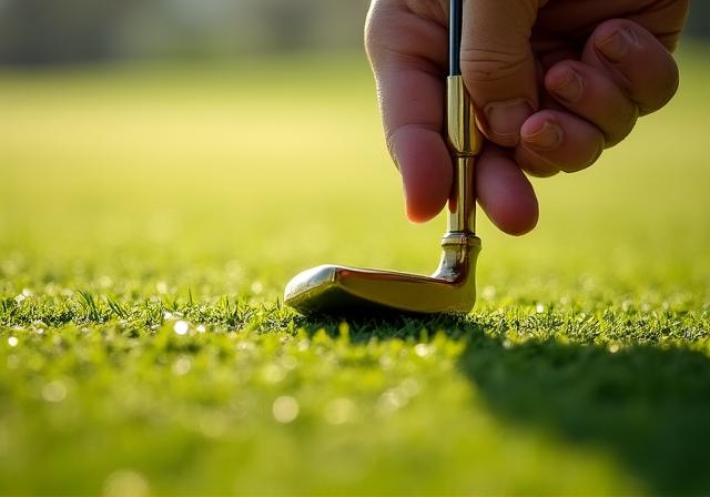 Dettaglio di un giocatore che ripara con cura un pitch mark sul green