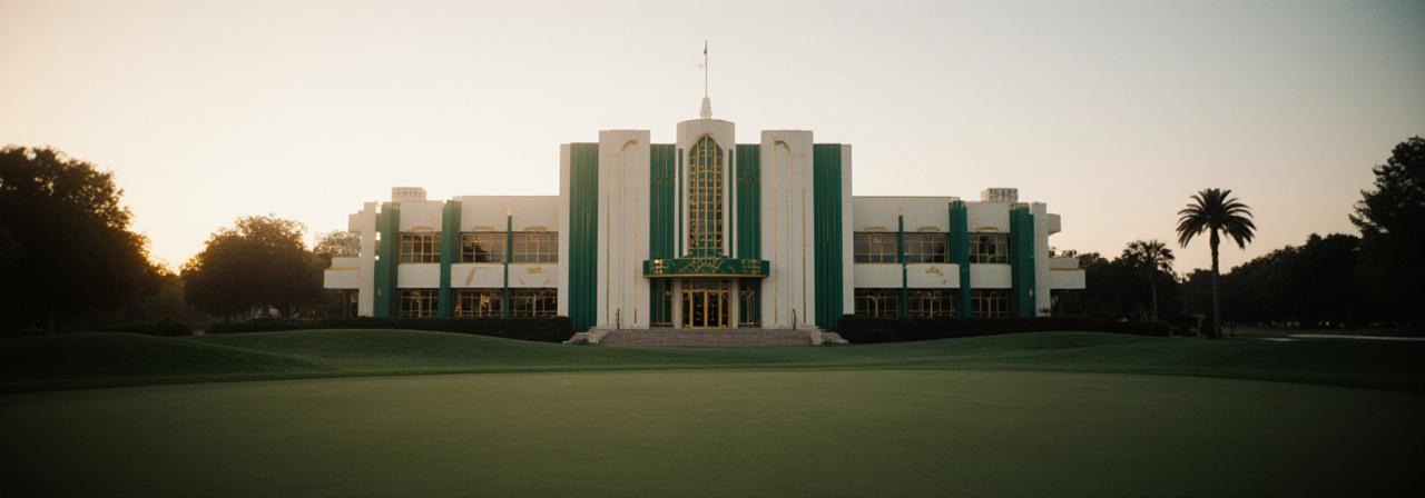 Vista classica della clubhouse di Gatsby Greens in stile Art Deco